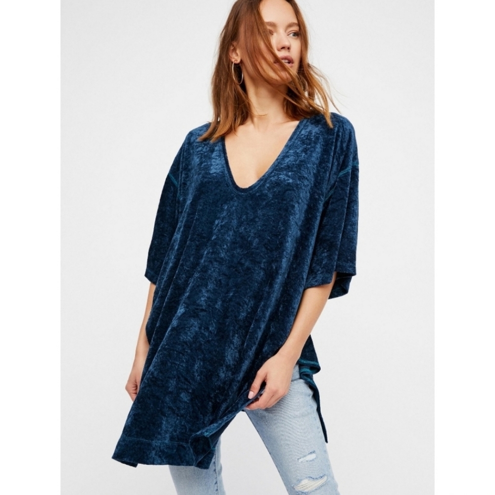 Free People Deep Blue Plush V-Neck Tunic Top